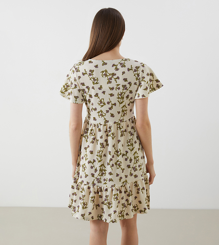 Floral Printed Crew Neck Mini Dress