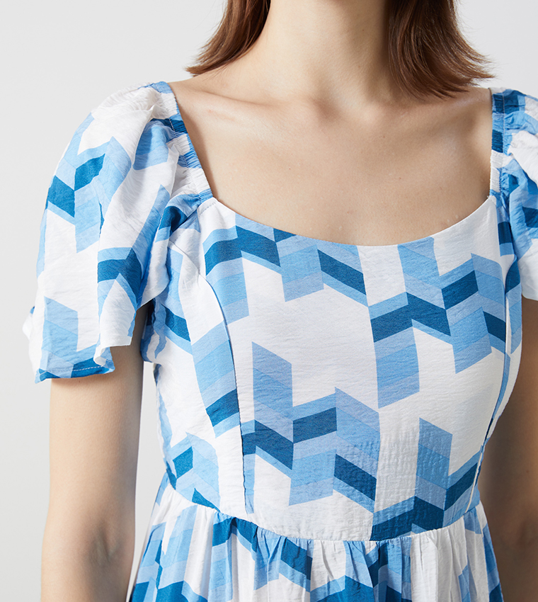 Patterned Flared Sleeves Midi Dress