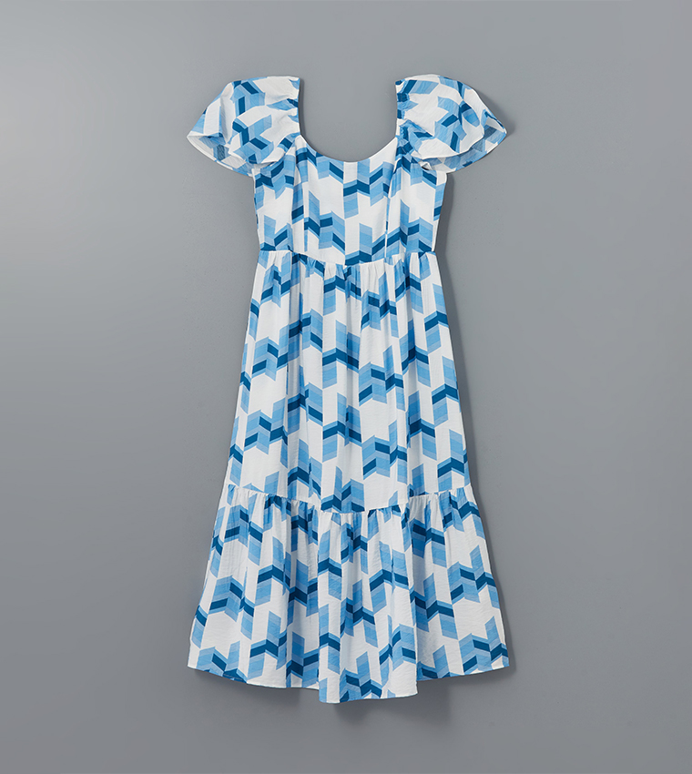 Patterned Flared Sleeves Midi Dress