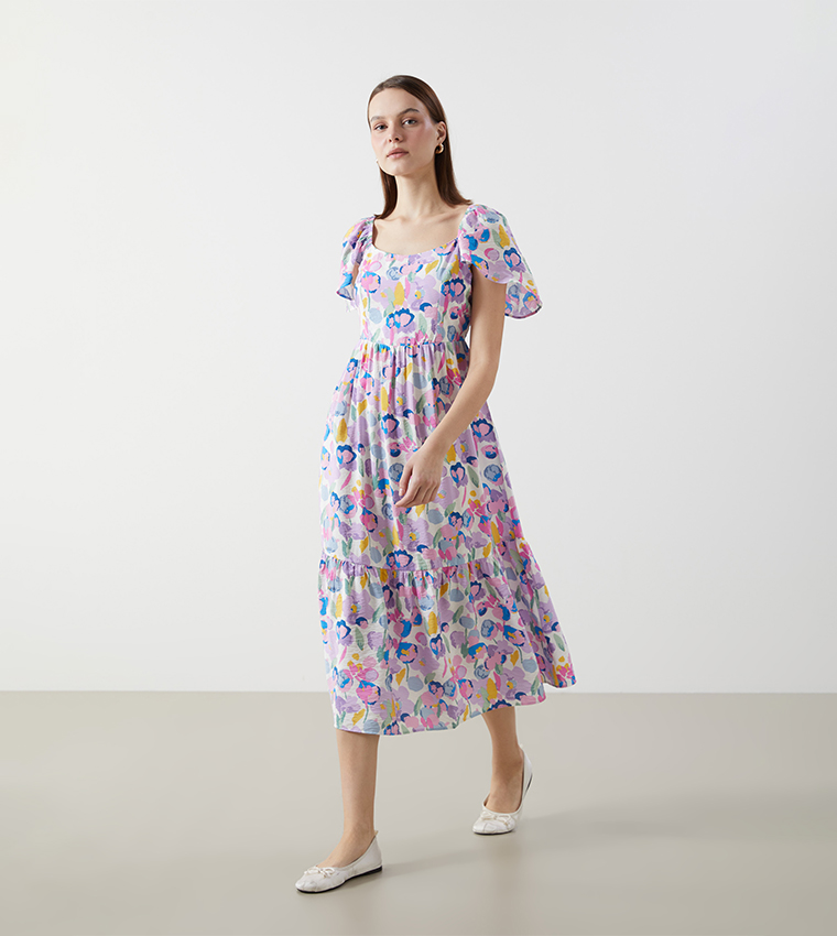 Patterned Flared Sleeves Midi Dress