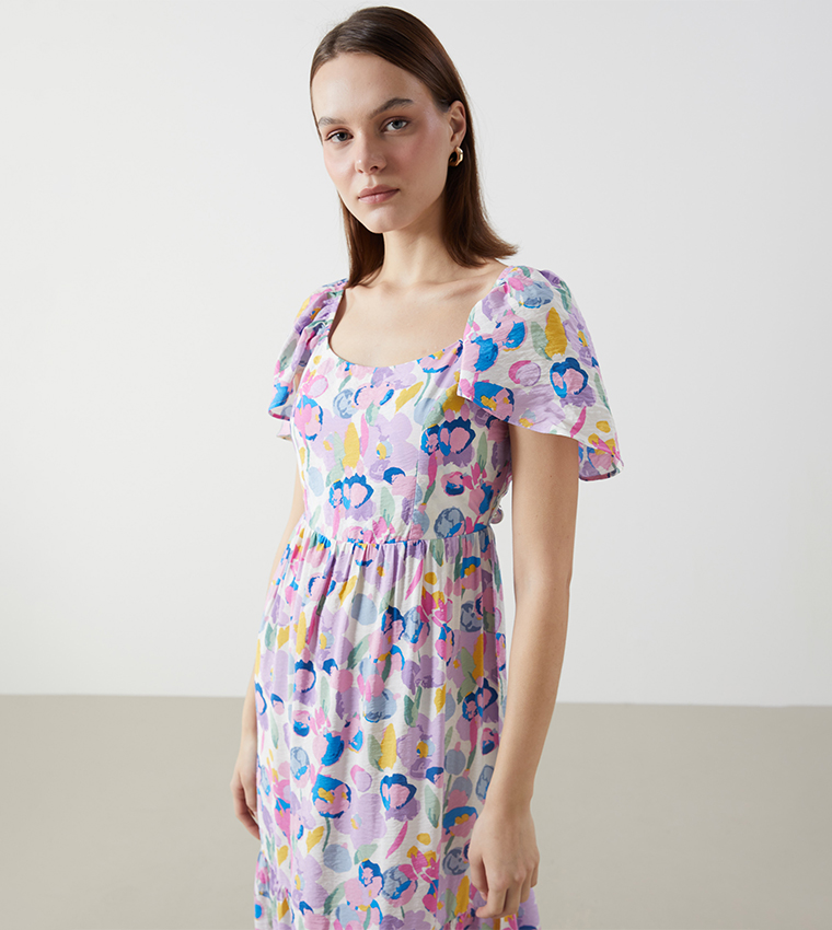 Patterned Flared Sleeves Midi Dress