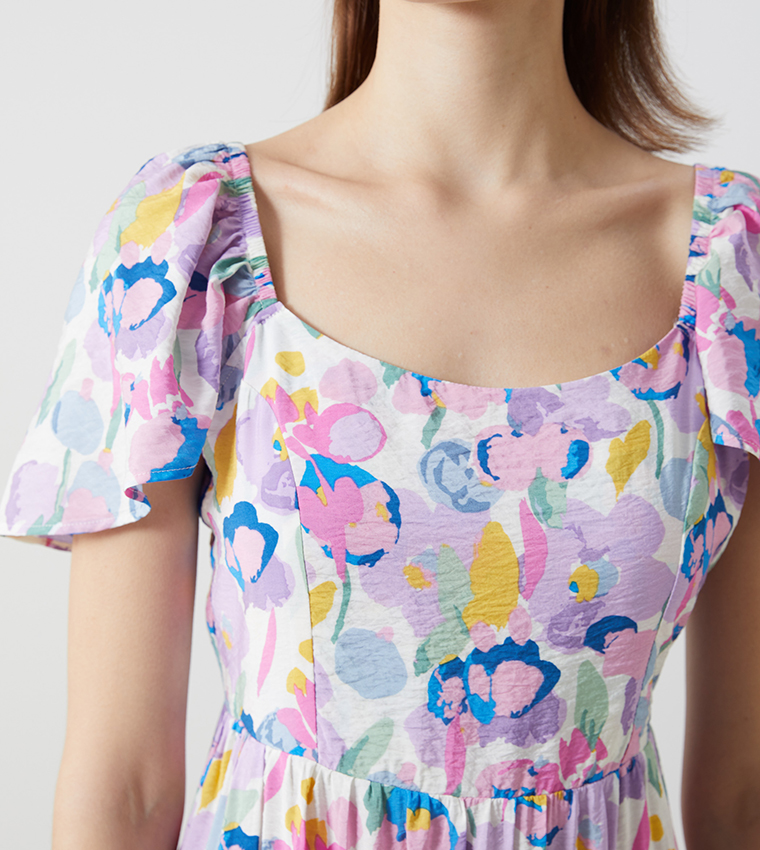 Patterned Flared Sleeves Midi Dress