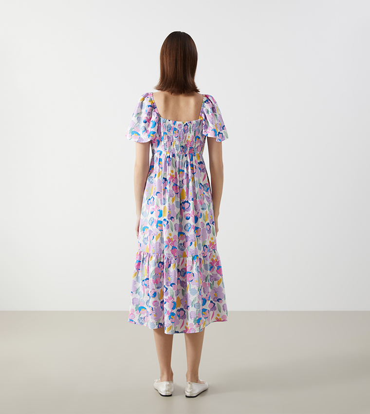 Patterned Flared Sleeves Midi Dress