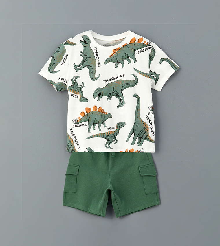Dino Printed T-Shirt with Cargo Shorts
