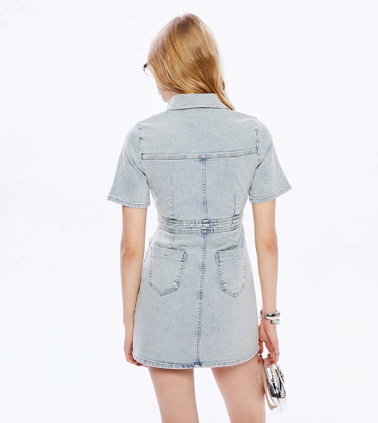 Pocket Detail Short Sleeves Denim Mini Dress