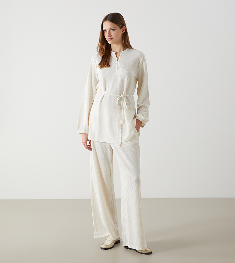 Textured Elastic Waist Wide Leg Pants