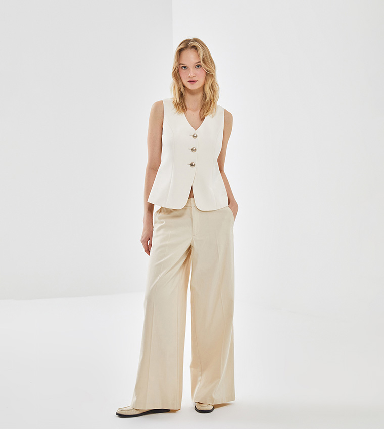 Solid Elastic Waist Wide Leg Pants