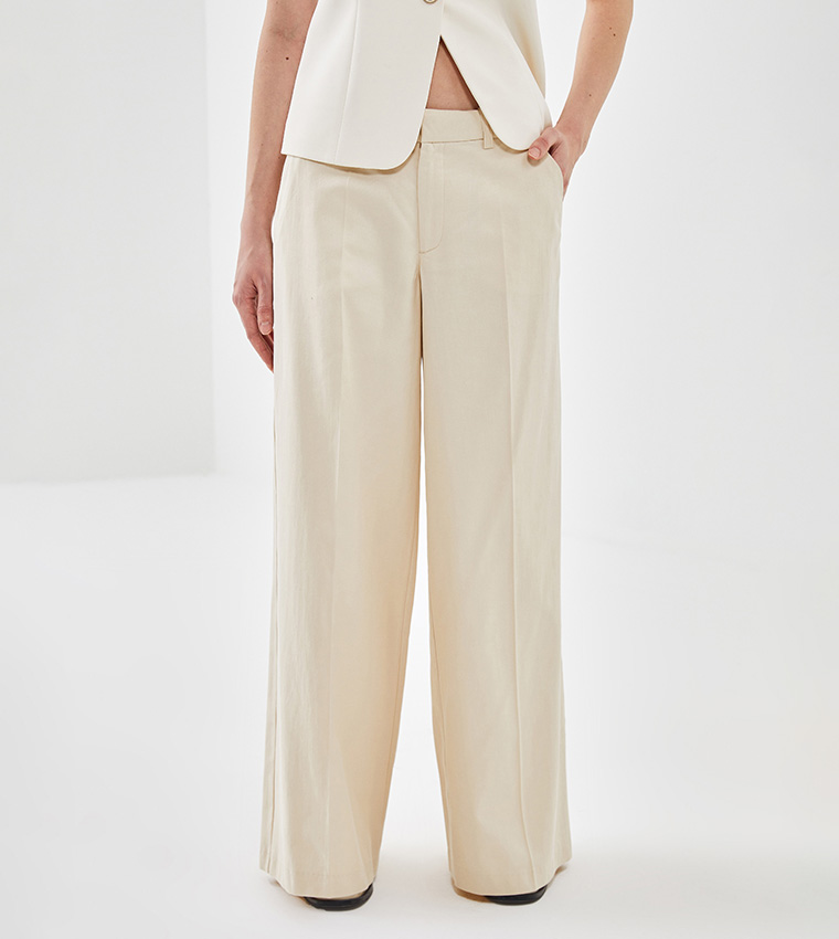 Solid Elastic Waist Wide Leg Pants