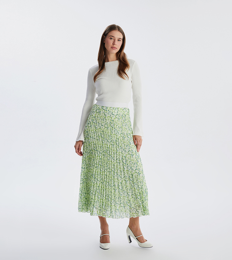 Patterned Elastic Waist Midi Skirt