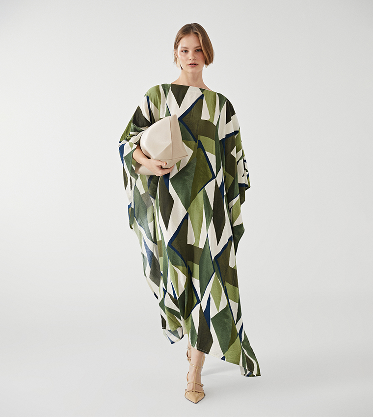 Patterned Boat Neck Kaftan Dress