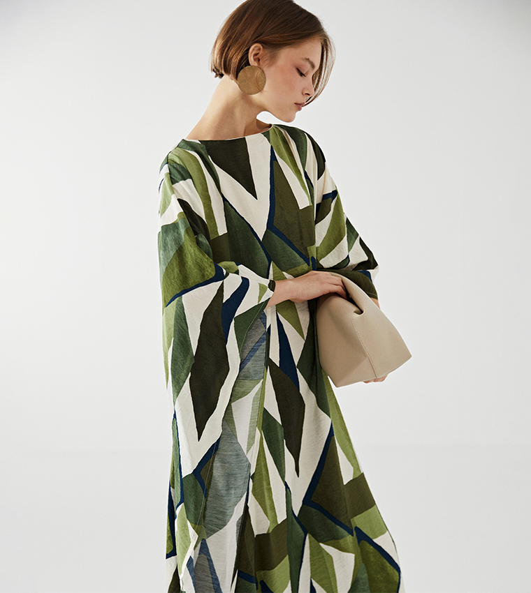 Patterned Boat Neck Kaftan Dress