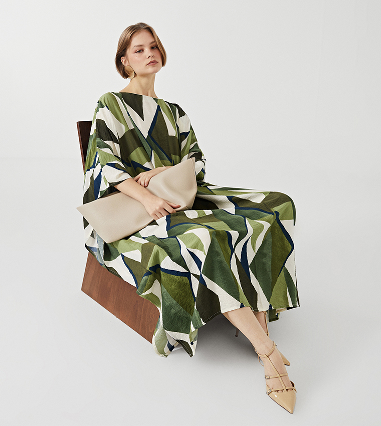 Patterned Boat Neck Kaftan Dress
