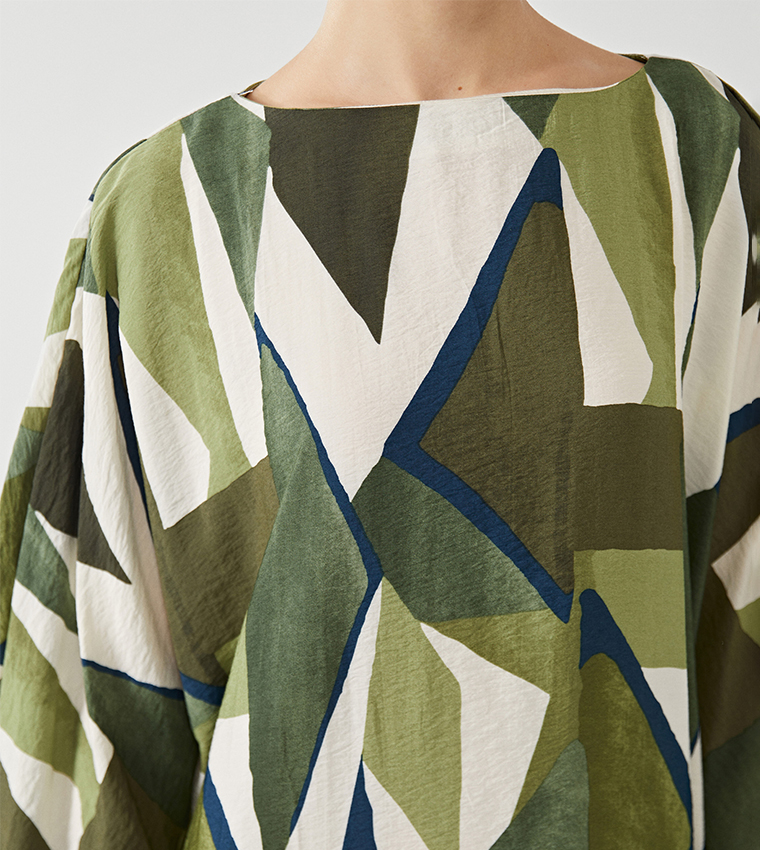 Patterned Boat Neck Kaftan Dress