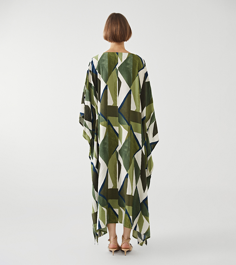 Patterned Boat Neck Kaftan Dress
