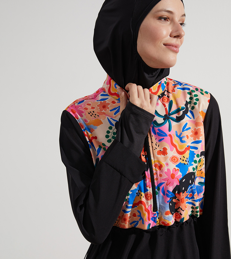 Patterned Stand Up Collar Long Sleeves Hijab Swimsuit Set