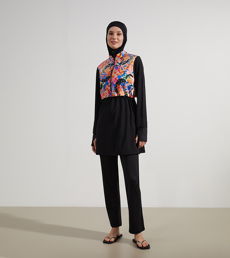 Patterned Stand Up Collar Long Sleeves Hijab Swimsuit Set