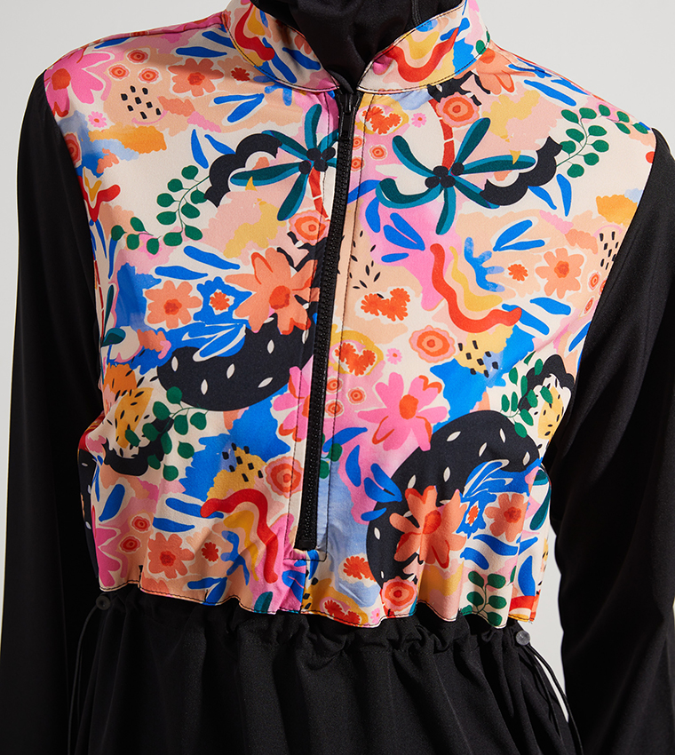 Patterned Stand Up Collar Long Sleeves Hijab Swimsuit Set