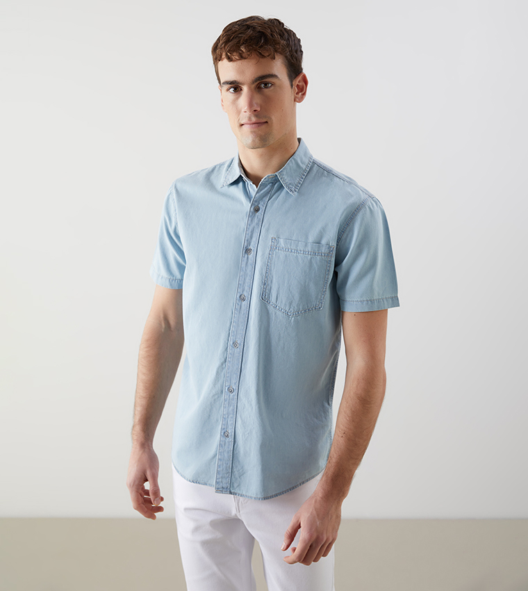 Washed Regular Fit Short Sleeves Denim Shirt