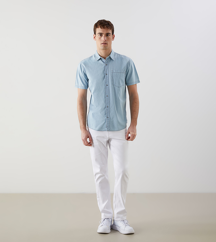 Washed Regular Fit Short Sleeves Denim Shirt
