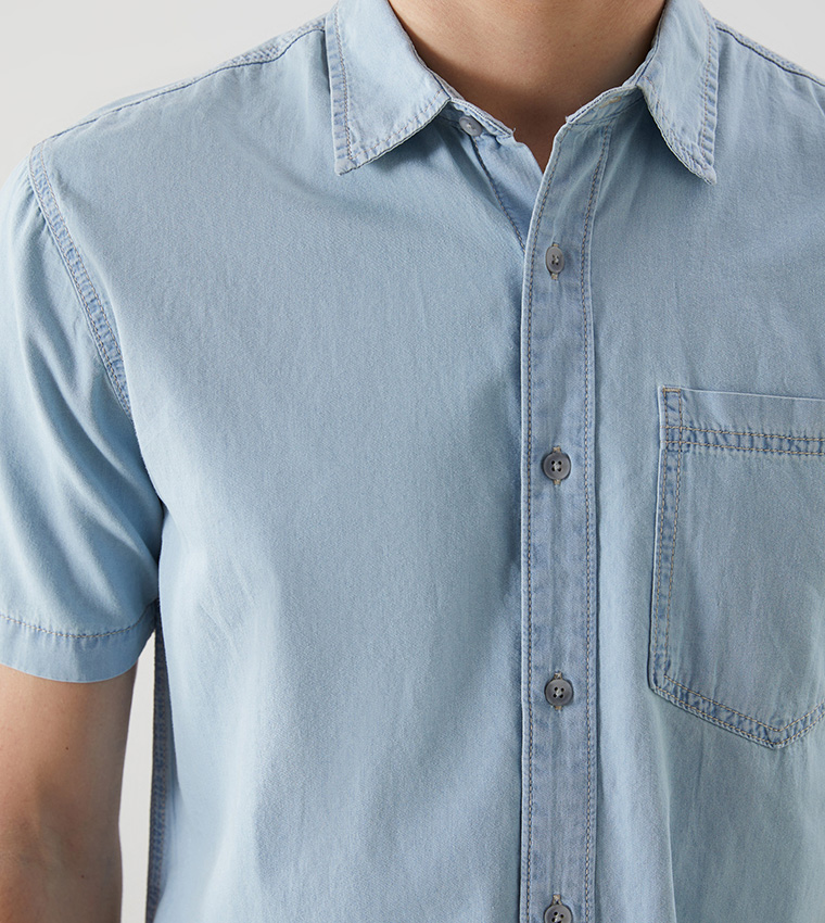 Washed Regular Fit Short Sleeves Denim Shirt