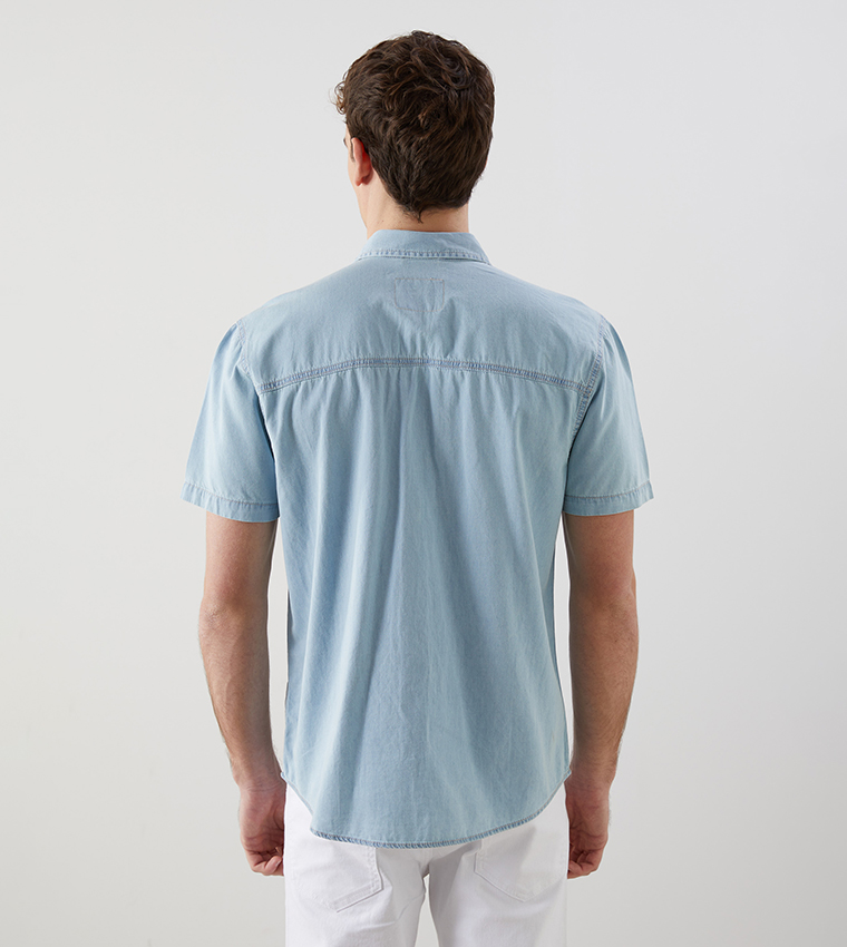 Washed Regular Fit Short Sleeves Denim Shirt