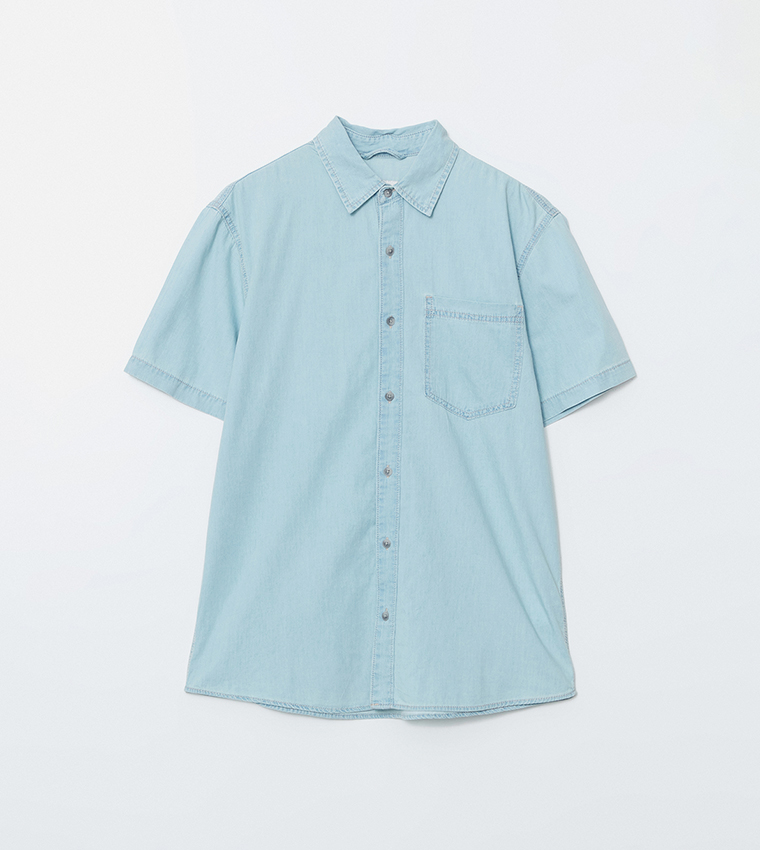 Washed Regular Fit Short Sleeves Denim Shirt