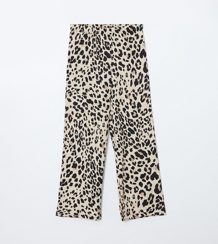 Patterned Elastic Waist Wide Leg Trousers