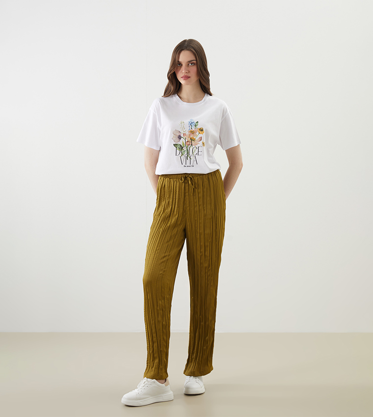 Textured Elastic Waist Pants