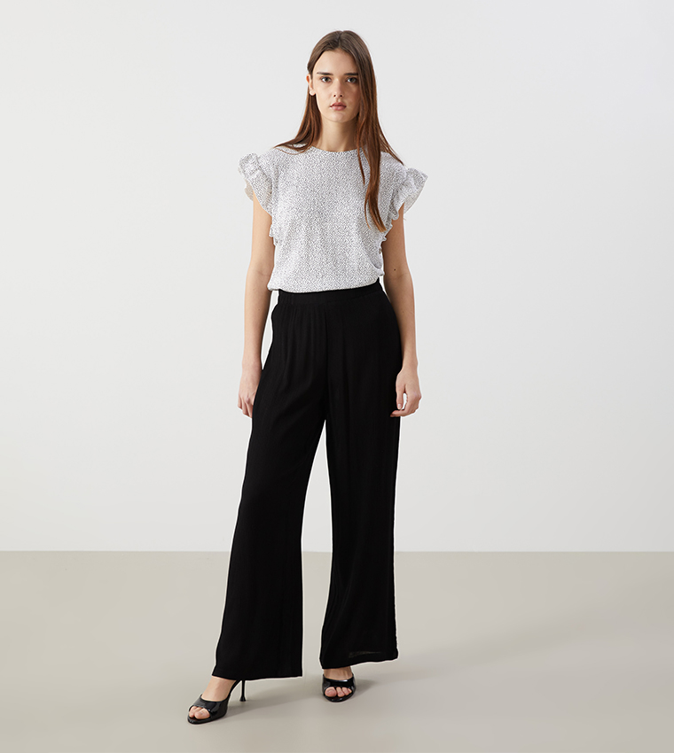 Textured Elastic Waist Wide Leg Pants