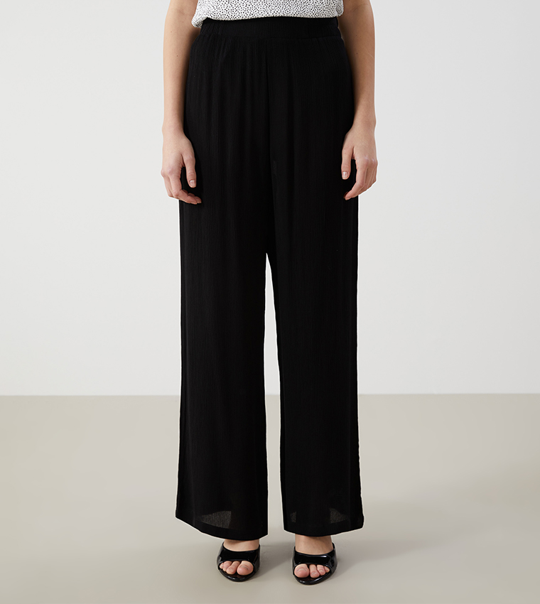 Textured Elastic Waist Wide Leg Pants
