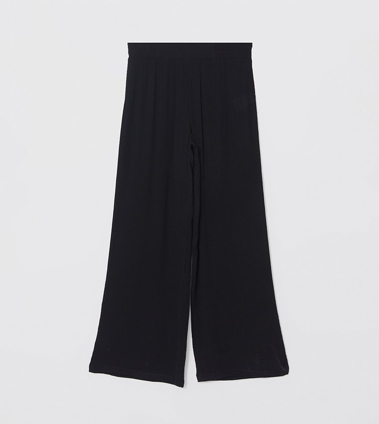 Textured Elastic Waist Wide Leg Pants