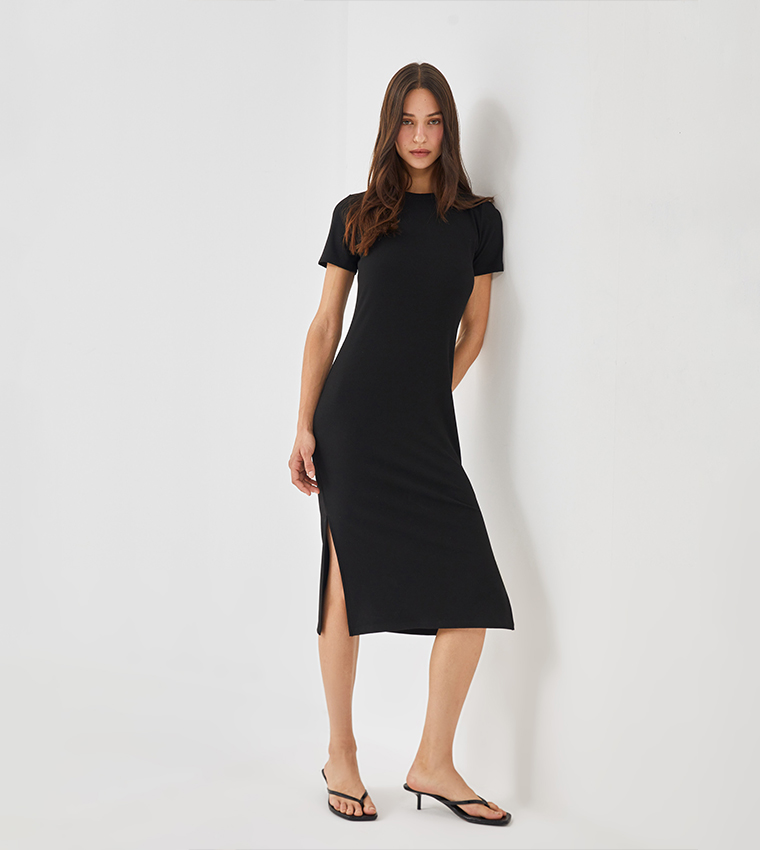 Ribbed Short Sleeves Slit Midi Dress