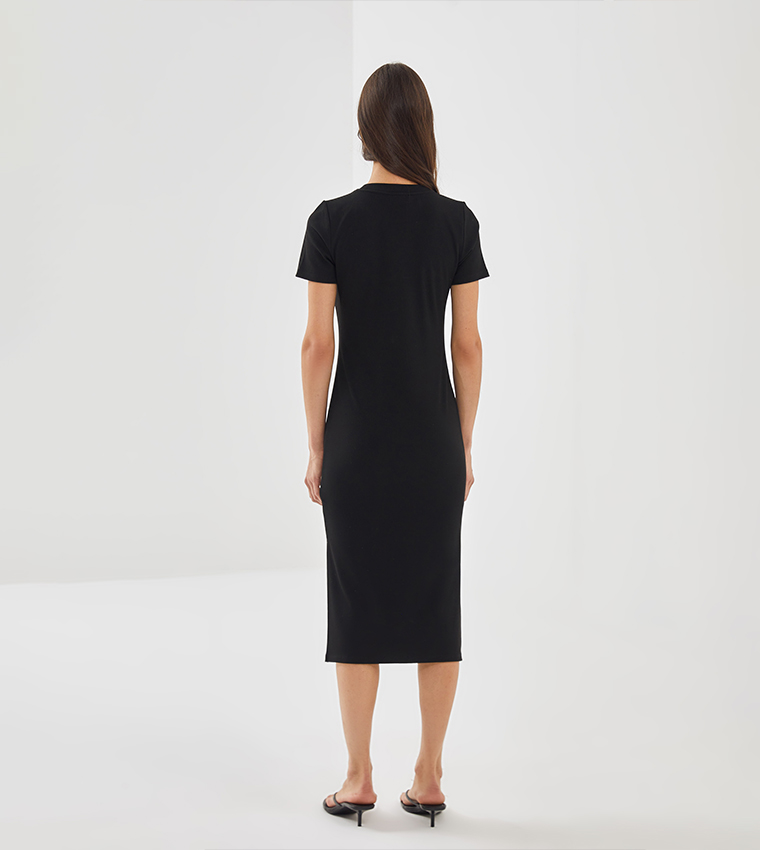 Ribbed Short Sleeves Slit Midi Dress