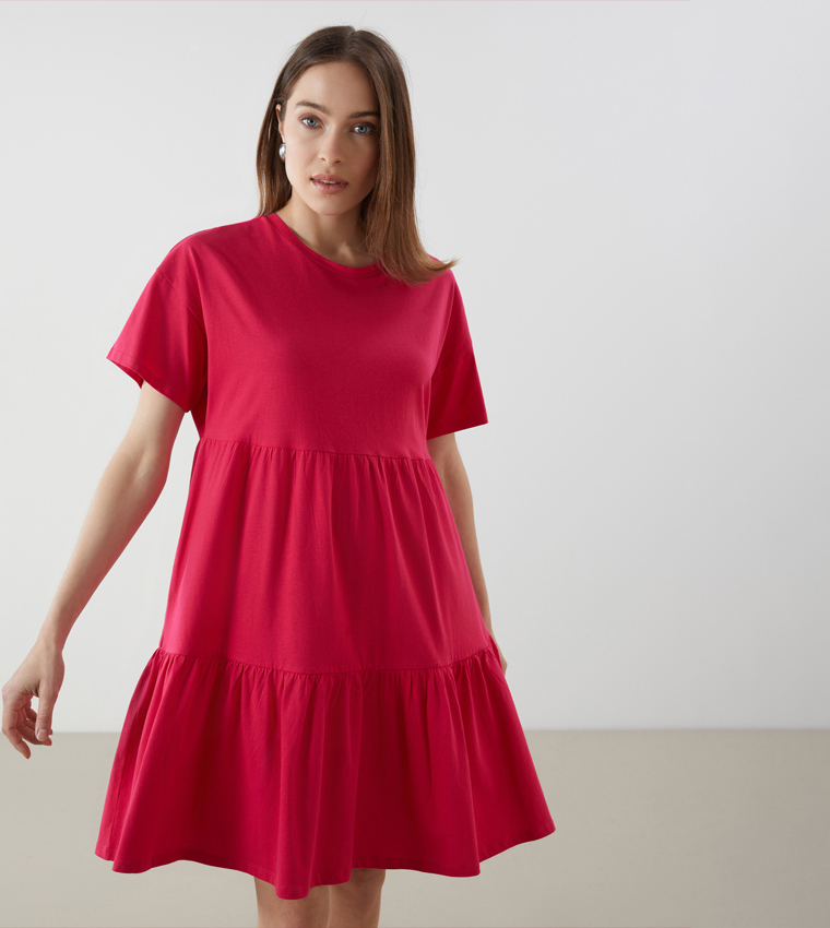 Solid Short Sleeves Mini Dress