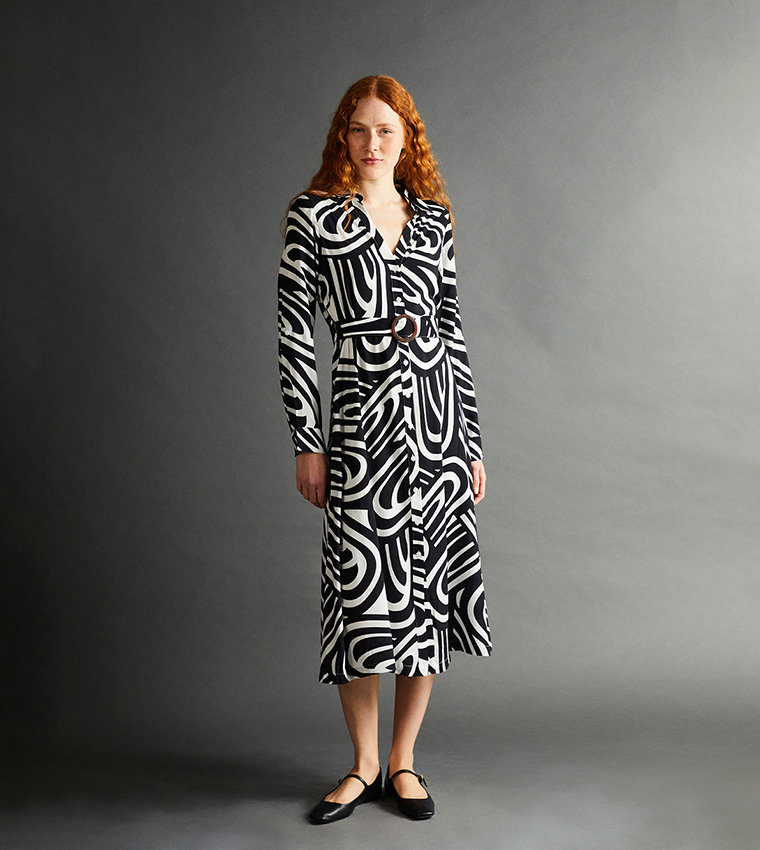 Patterned Long Sleeves Shirt Dress