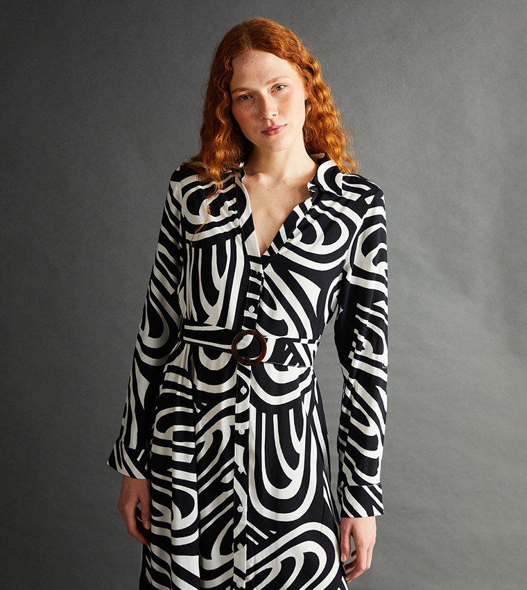 Patterned Long Sleeves Shirt Dress