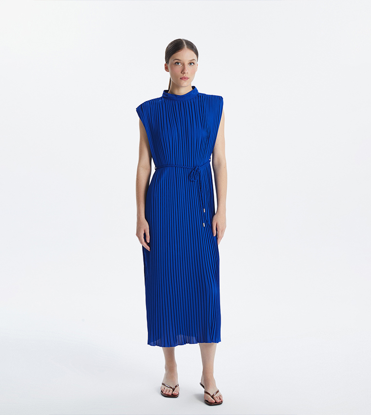 Pleated Mock Neck Sleeveless Midi Dress