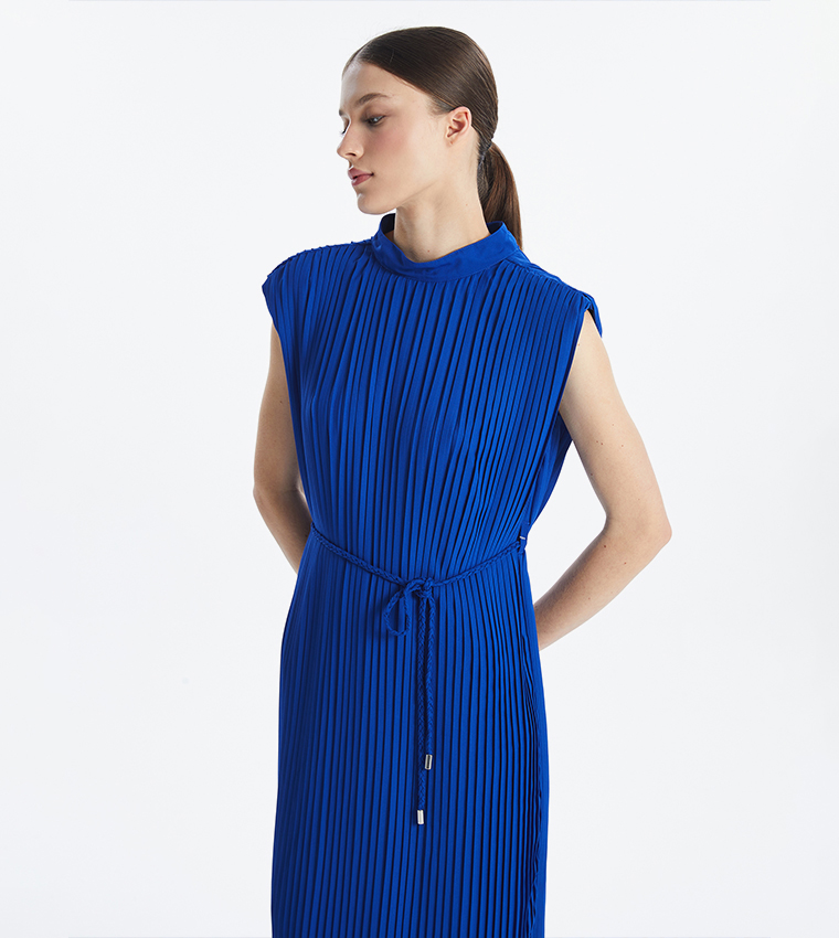 Pleated Mock Neck Sleeveless Midi Dress