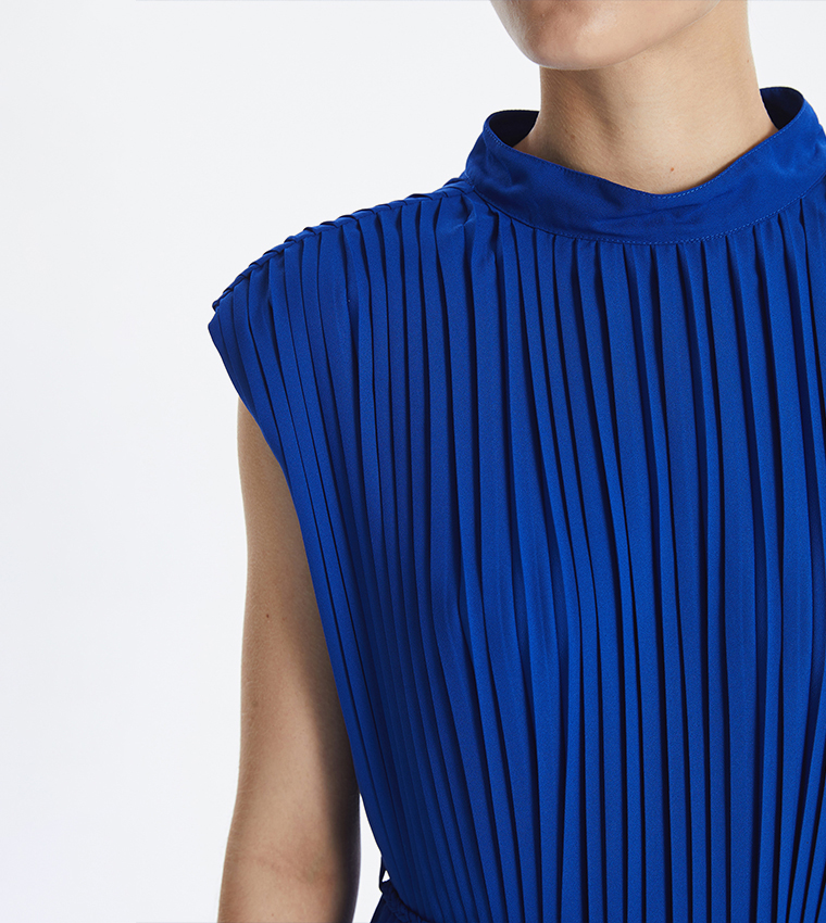 Pleated Mock Neck Sleeveless Midi Dress