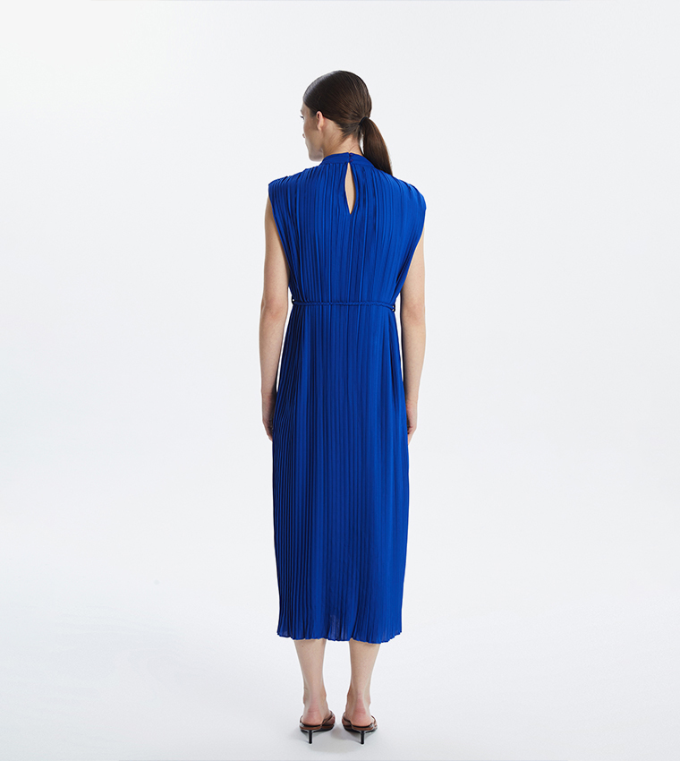 Pleated Mock Neck Sleeveless Midi Dress