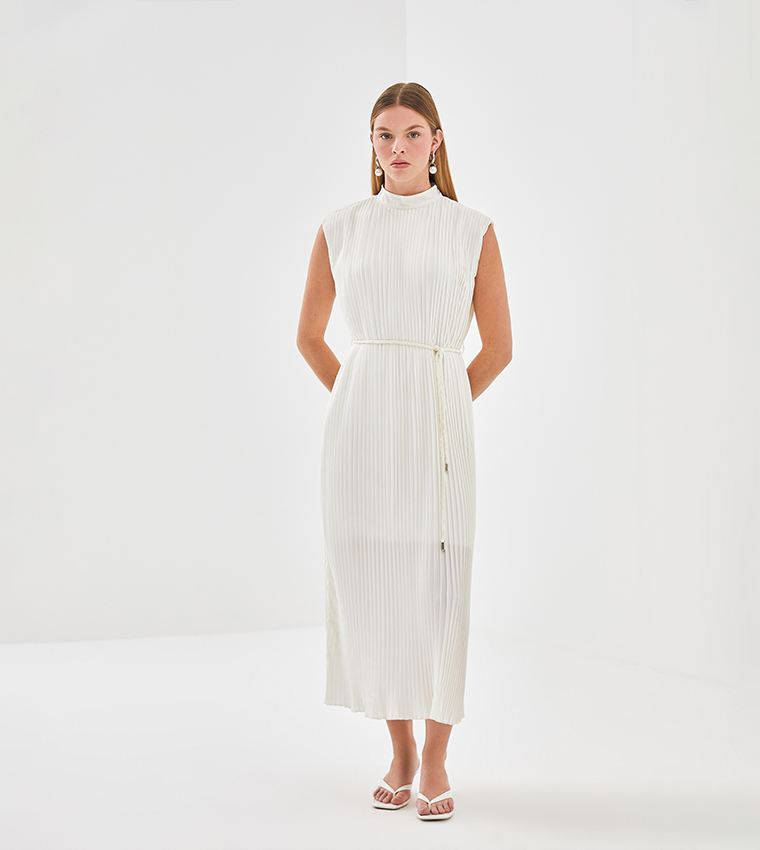 Pleated Mock Neck Sleeveless Midi Dress