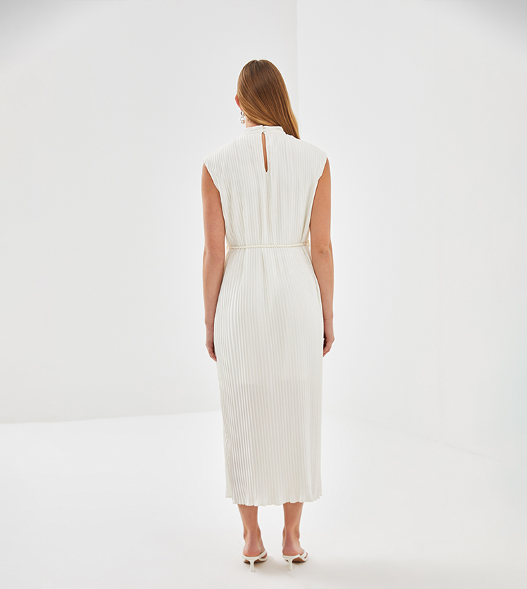 Pleated Mock Neck Sleeveless Midi Dress