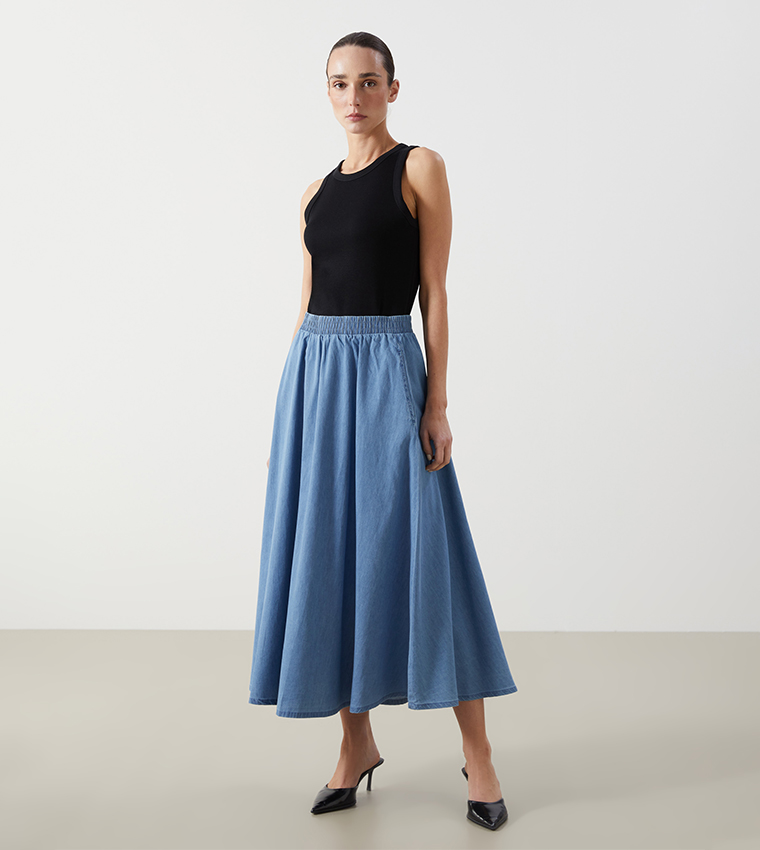 Buy LC Waikiki Washed Elastic Waist Denim Skirt In Blue