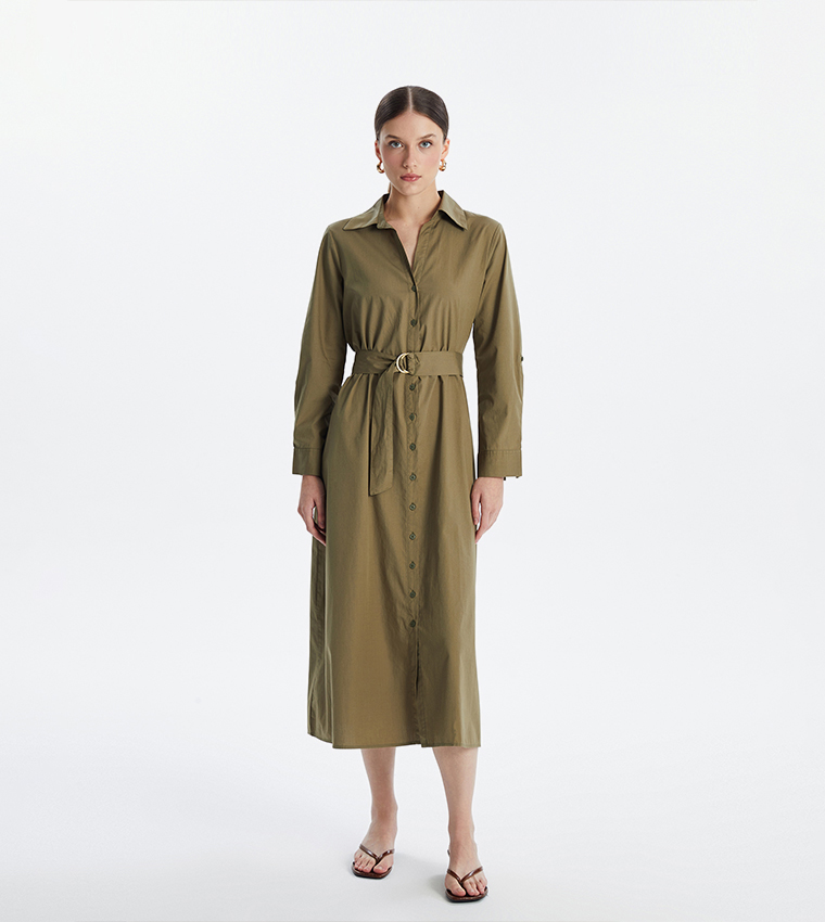 Buy LC Waikiki Belted Long Sleeves Shirt Dress In Khaki