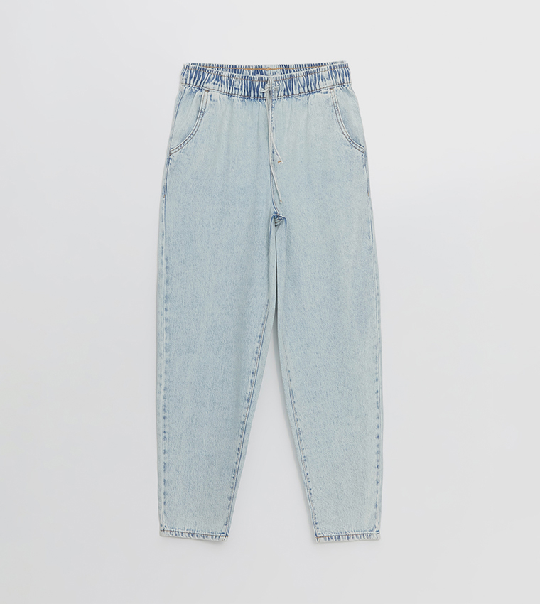 Washed Drawstring Waist Mom Fit Jeans