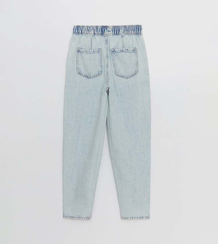 Washed Drawstring Waist Mom Fit Jeans