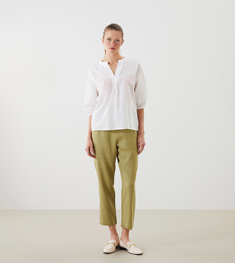 Elastic Waist Linen Blend Cropped Pants