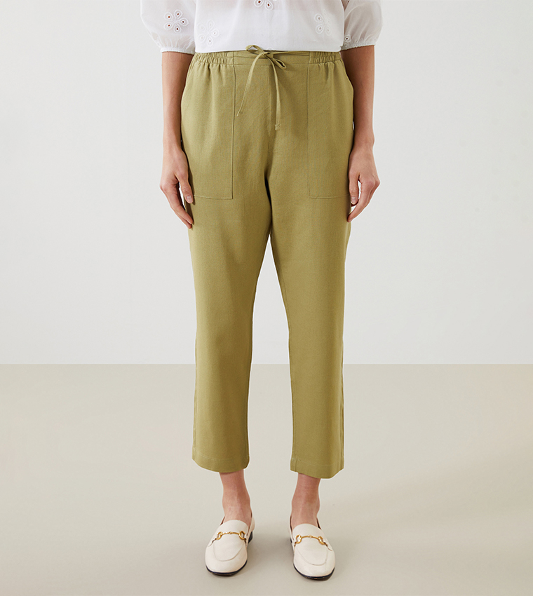 Elastic Waist Linen Blend Cropped Pants
