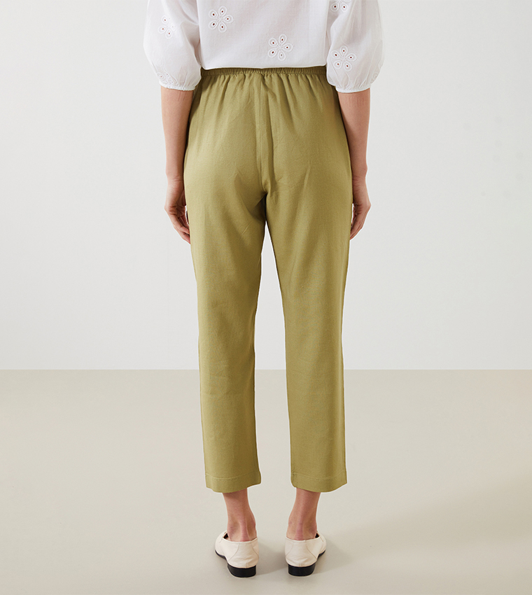 Elastic Waist Linen Blend Cropped Pants