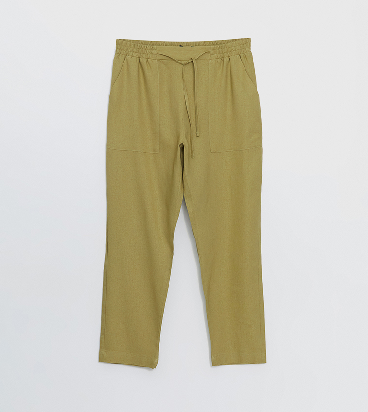 Elastic Waist Linen Blend Cropped Pants